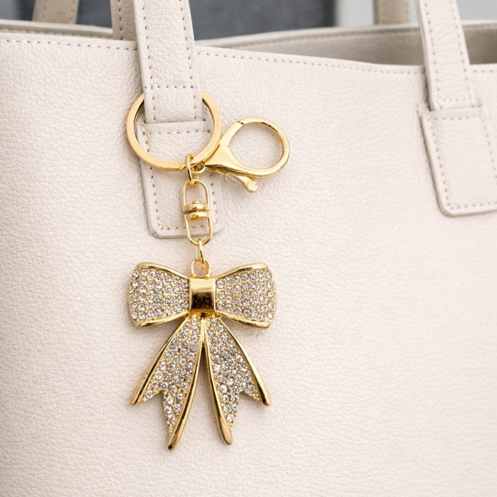 Gold Rhinestone Bow Metal Bag Charm Key Chain New
